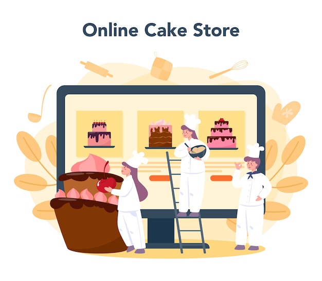 Serviço ou plataforma online de confeiteiro. loja online. chef confeiteiro profissional cozinhar torta para as férias. ilustração em vetor plana isolada