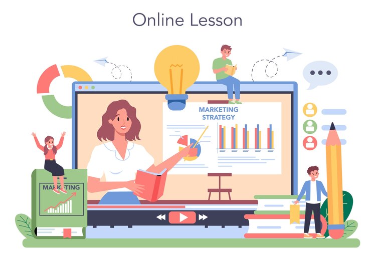 Vetor serviço ou plataforma online de curso escolar de educação de marketing