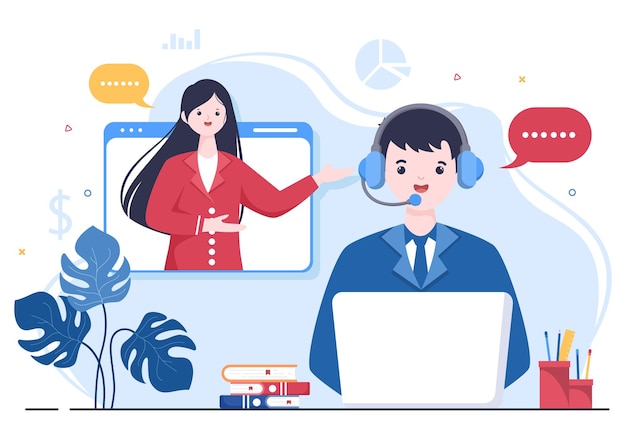 Serviço ou plataforma online de entrevista de emprego, candidato e gerente de RH. Homem de negócios ou mulher à mesa, ilustração vetorial para conversa, carreira, conceito de recursos humanos