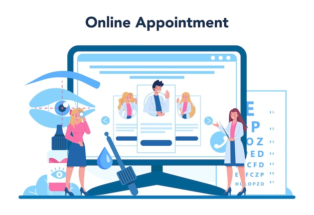 Serviço ou plataforma online de oftalmologista. ideia de exame oftalmológico e tratamento.
