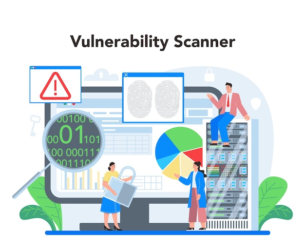 Serviço ou plataforma online especialista em segurança informática ideia de proteção e segurança de dados digitais tecnologia moderna para prevenção de crimes virtuais scanner de vulnerabilidade ilustração vetorial