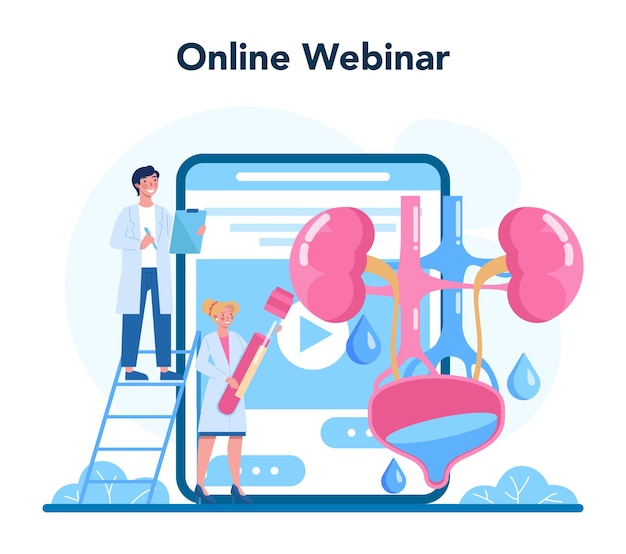 Serviço ou plataforma online para urologistas. idéia de tratamento de rim e bexiga, atendimento hospitalar. webinar online. ilustração vetorial