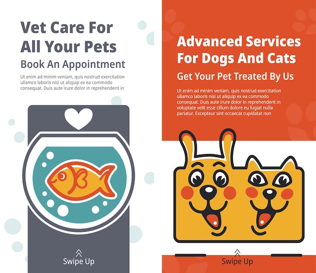 Serviços avançados para cuidados veterinários de cães e gatos para todos os seus animais de estimação clínicas ou hospitais que tratam animais domésticos informações on-line para proprietários banner promocional vetor em ilustração de estilo plano