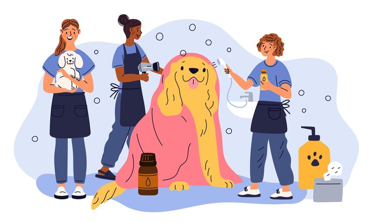 Vetor serviços de cuidados com animais de estimação salão de beleza profissionais cortam o cabelo de cachorro grande pessoas penteando cabelos longos de cachorro animais domésticos trabalho veterinário cabeleireiros caninos conceito de vetor berrante
