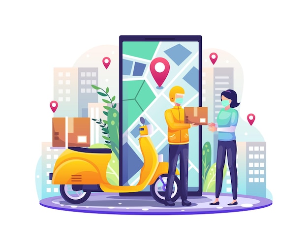 Serviços de entrega online com entregador e scooter entregam um pacote para ilustração do cliente