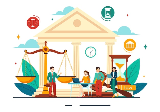 Vetor serviços de escritórios de advocacia ilustração vetorial com justiça conselhos jurídicos julgamento e advogado consultor
