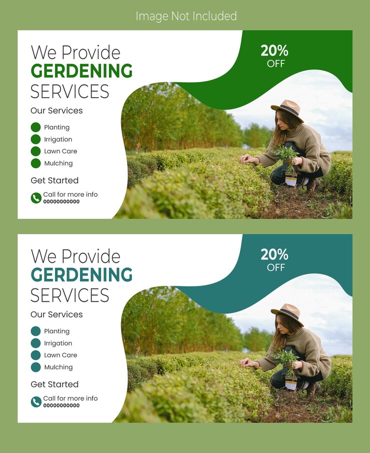 Vetor serviços de jardinagem com promoção de 20% de desconto