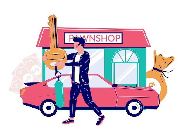 Serviços de loja de penhores de carro ilustração vetorial cliente recebendo dinheiro em troca de empréstimo de loja de penhores de chave de carro