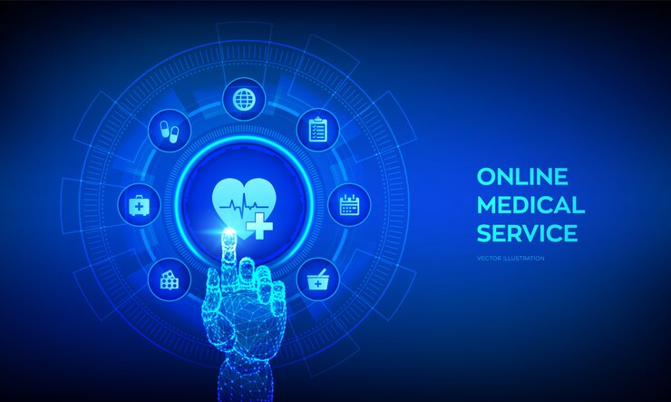 Vetor serviços médicos on-line, conceito de consulta e suporte na tela virtual. médico online. mão robótica tocando interface digital.