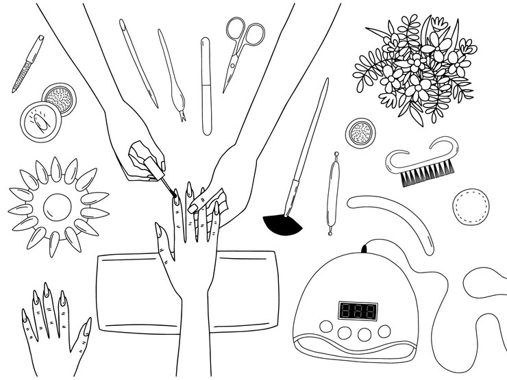 Vetor sessão de manicure vetorial ilustração de página para colorir ilustração vetorial de processo de salão de manicure desenhado à mão