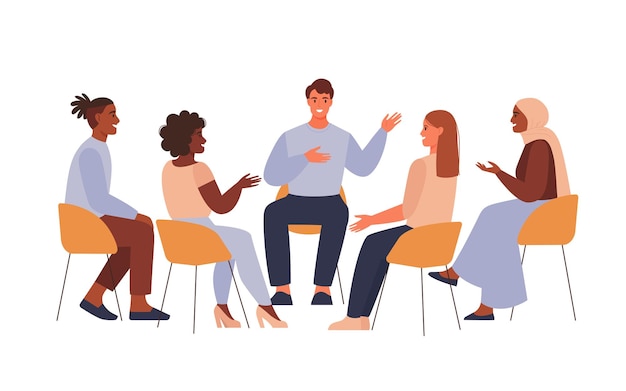 Sessão de terapia de grupo Diferentes pessoas sentadas em círculo e conversandoConceito de terapia de grupo