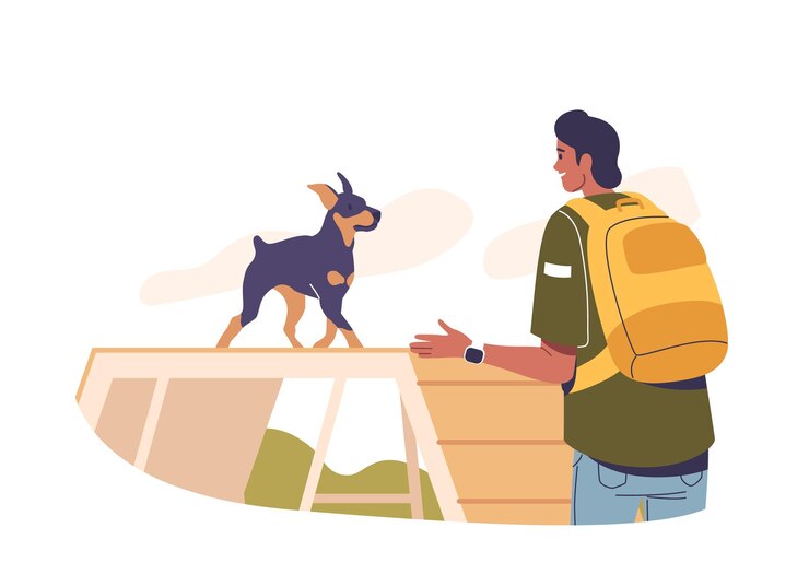 Vetor sessão de treinamento de cão no quintal com o dono guiando o personagem do dono do cão