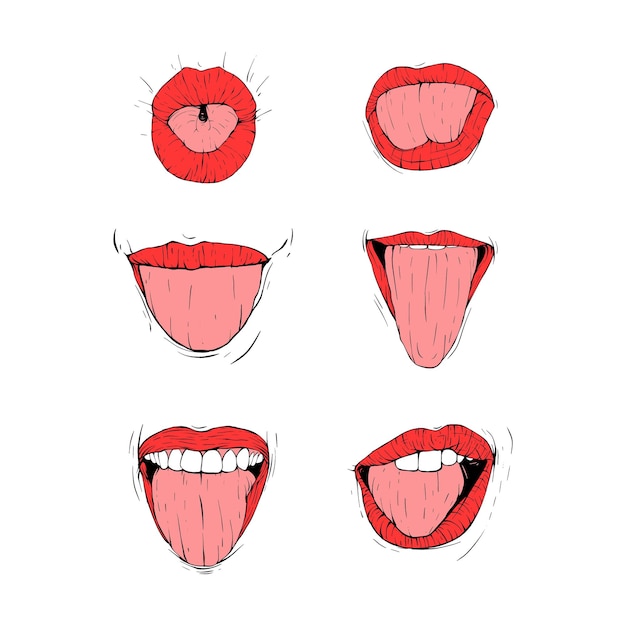 Set boca língua coleção esboço vetor ilustração linha de arte