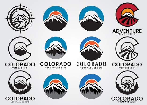Vetor set bundle design do logotipo do colorado com floresta de montanha e ilustração vetorial de nuvens