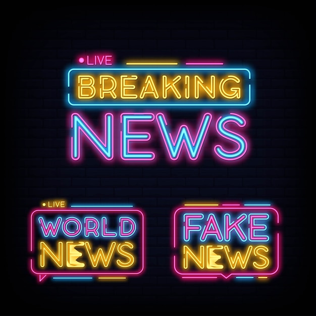 set collection Sinal de néon de Breaking News Design. Notícias do mundo, notícias falsas