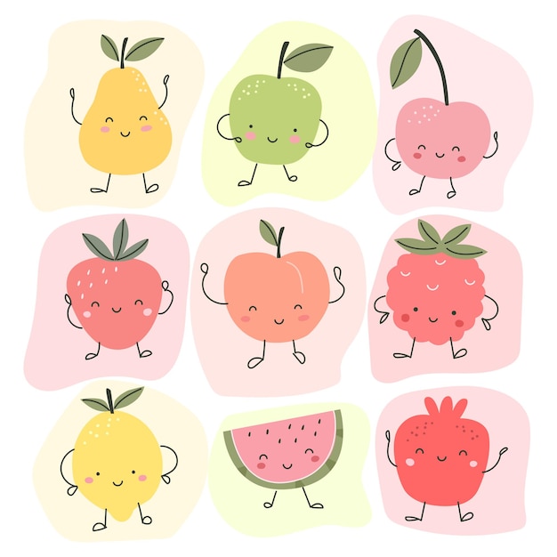 Set com frutas bonitas pêssego limão pera maçã morango framboesa e romã Vector illust
