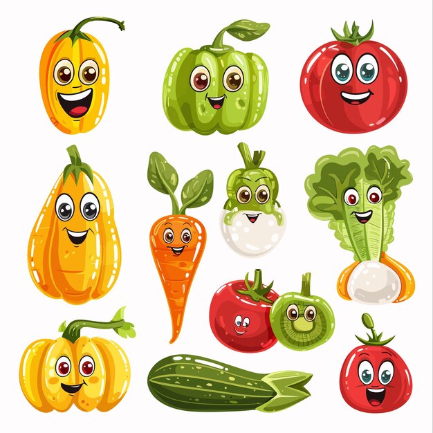 Vetor set_cute_mascot_vegetables_characters_funny