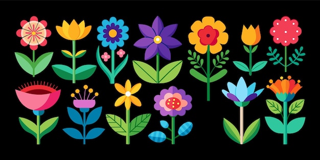 Vetor set de 13 ícones de flores coloridas ícones abstratos de flores isolados em fundo escuro