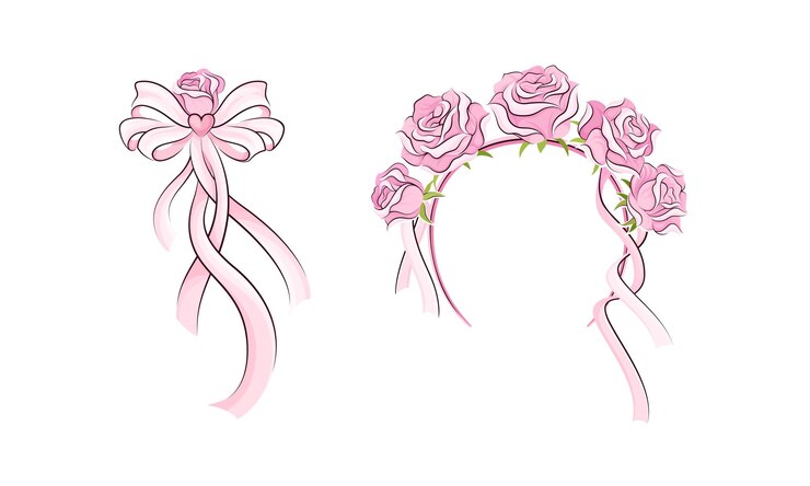 Vetor set de acessórios de bailarina banda rosa com flores de rosa e arco ilustração vetorial desenhada à mão