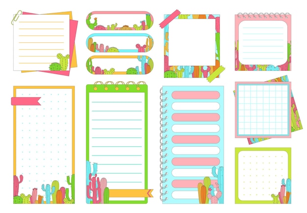 Vetor set de adesivos de marcadores de página de papel de nota com elementos de papeleria de cactos planejando vetor de planejador diário