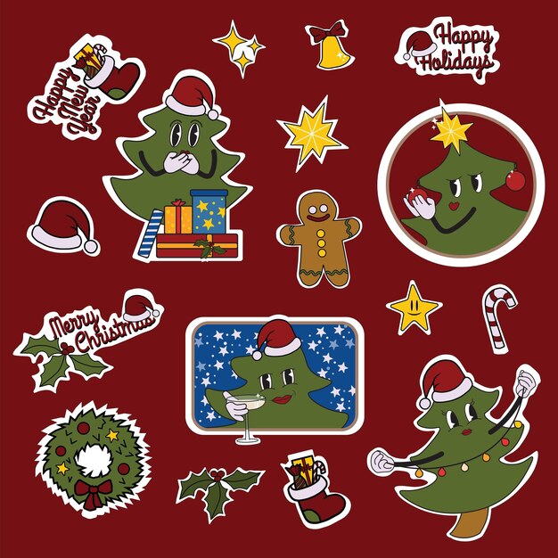 Vetor set de adesivos de natal e ano novo em estilo retrô de desenho animado árvores presentes estrelas coroa de pão de gengibre