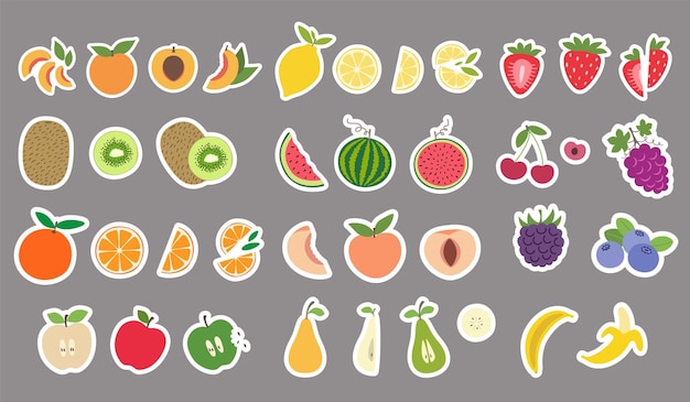 Set de adesivos frutas bagas em design plano pacote de ilustrações de frutas e bagas estilo simples