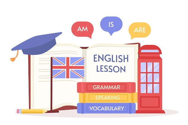 Set de aprendizagem de inglês livros coloridos e chapéu de formatura com bandeira britânica educação e treinamento