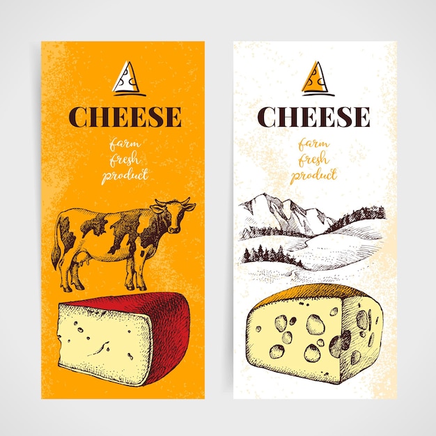 Vetor set de bandeiras de queijo desenhadas à mão ilustração vetorial de alimentos lácteos naturais