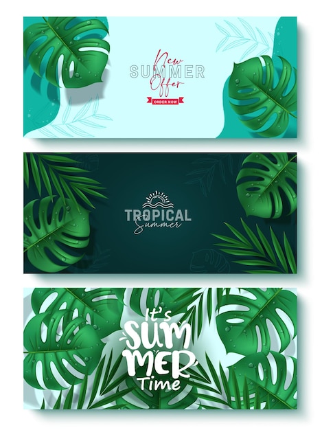 Vetor set de bandeiras vetoriais de saudação tropical de verão texto de tempo de verão com folha de palmeira e folhas de monstera