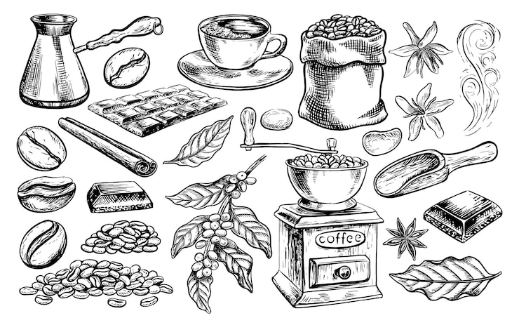Vetor set de café moedor de café cafeteira xícara e grãos ilustração gráfica vetorial em preto e branco
