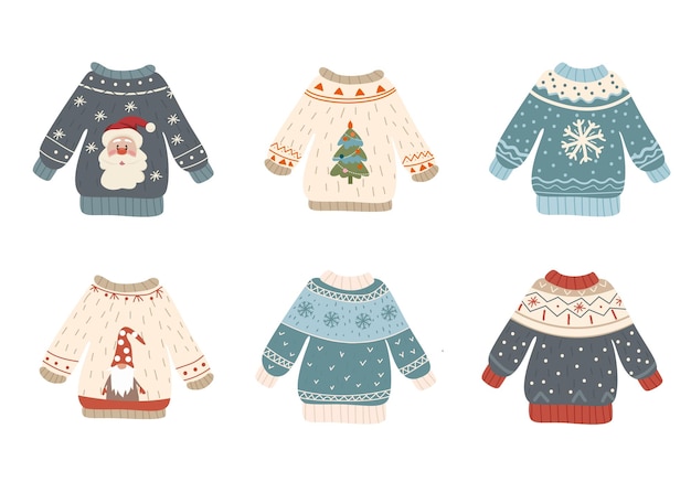 Set de camisolas de Natal Ilustração vetorial bonita Desenho de roupas de férias Camisolas com árvore de Natal