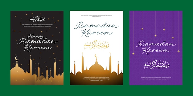 Set de cartazes com saudações do Ramadan Kareem Ramadan Mubarak dando as boas-vindas ao mês de jejum para islâmicos ou mosl