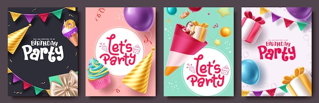 Set de cartazes de cliparts de festas de aniversário Cartão de convite de feliz aniversário com balões Chapéu de festa bandeiras