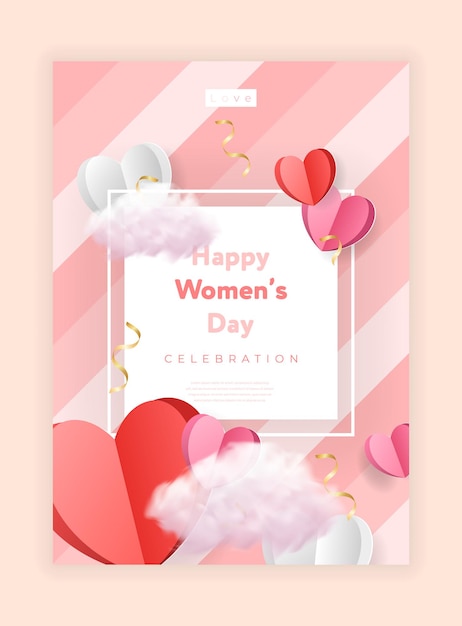 Vetor set de cartazes para o dia das mulheres de 8 de março: cura de papel, corações vermelhos e cor-de-rosa e fitas realistas, bandeiras de vendas de amor bonitas ou cartões de saudação, ilustrações vetoriais.