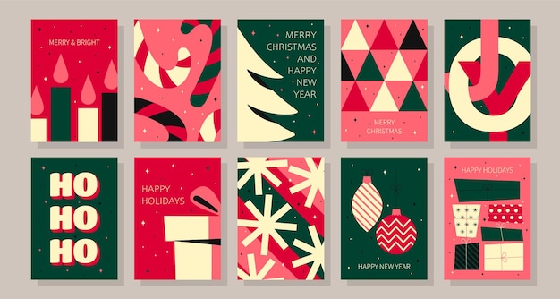Vetor set de cartões de felicitações de feliz natal e feliz ano novo desenhado à mão modelo de arte de feriados de inverno na moda