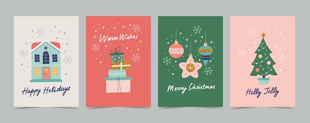 Vetor set de cartões de natal com decorações e caligrafia modelos de ilustração vetorial bonitos e elegantes de estilo simples