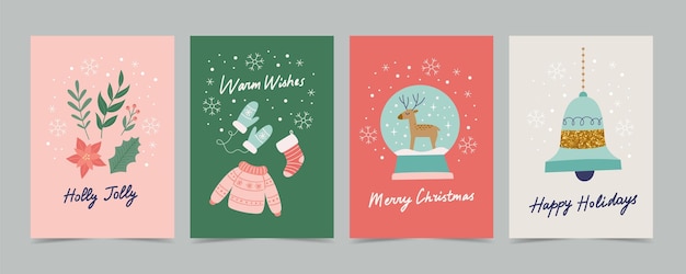 Vetor set de cartões de natal com decorações e caligrafia modelos de ilustração vetorial bonitos e elegantes de estilo simples
