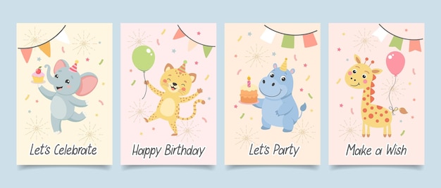 Set de cartões de saudação bonitos para crianças Animais de festa de aniversário com caixas de presentes Chapéus de festa de bolo e balão