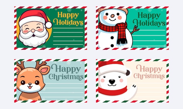 Set de cartões vetoriais de inverno Feliz Natal amp Feliz Ano Novo com Papai Noel Renas Homem de Neve Urso