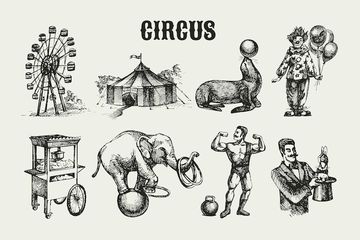 Vetor set de circo vintage desenhado à mão esboço de ilustrações vetoriais retro