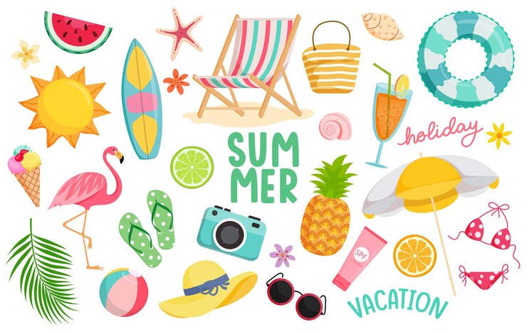 Vetor set de clipart de ícones de verão elemento gráfico de verão arte de clipes colorida como cadeira de sol flamingo