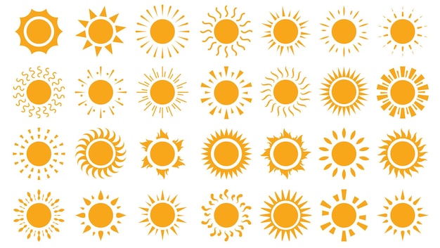 Set de cliparts de ícones de sol Arte de clips de sol amarelo Símbolo e logotipo de coleção em design gráfico plano de verão