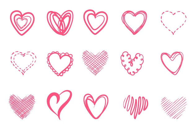Set de corações de amor Corações cor-de-rosa desenhados à mão Dia dos Namorados 39 de fevereiro rosa Ilustração vetorial
