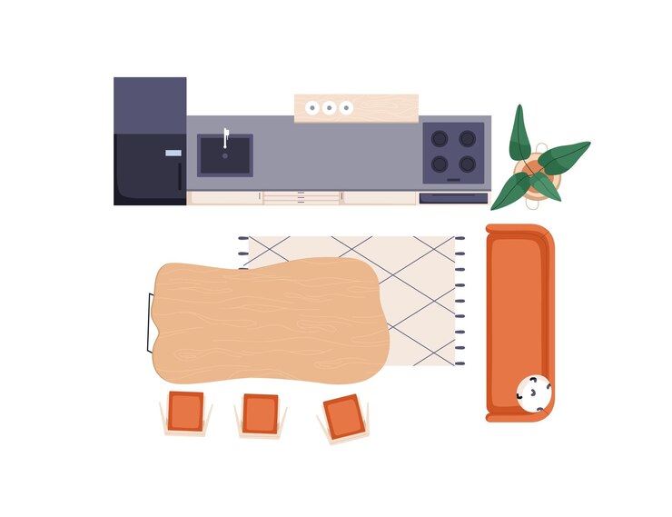 Vetor set de cozinha e mesa de jantar vista superior sala de cima com móveis áreas de jantar e cozinha cozinha de casa cadeiras frigoríficas sofá design de interior ilustração vetorial plana isolada em fundo branco