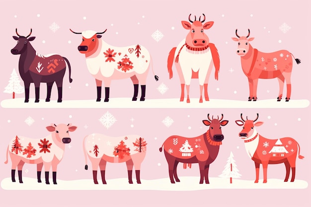 Vetor set de desenhos animados de vacas no papai noel e no natal