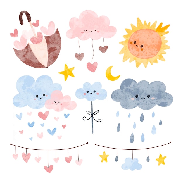 Set de doodle de aquarela de nuvem fofa com guarda-chuva e sol