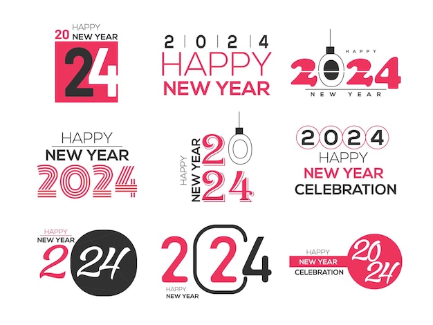 Set de emblemas de tipografia de 2024 Feliz ano novo Ilustração vetorial