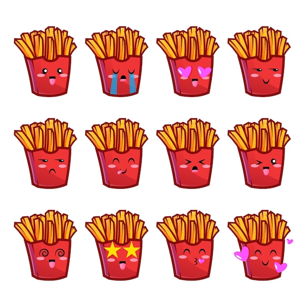 Vetor set de emojis de batatas fritas coleção de emoticons em estilo de desenho animado isolado