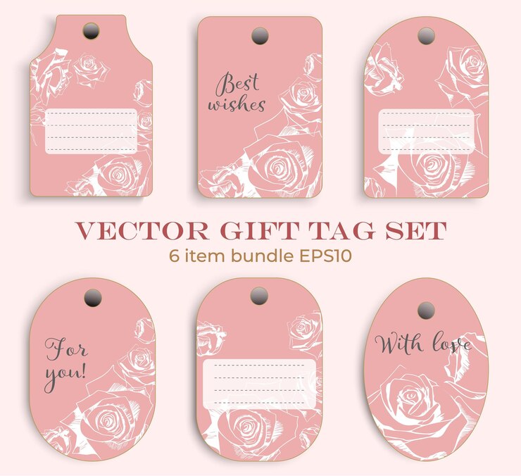 Vetor set de etiquetas de presente de casamento ou aniversário vetoriais com fundo rosa e contorno branco de rosas estilo linear
