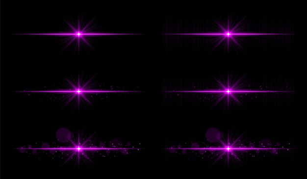 Set de explosões de luz raios brilhantes roxos com feixes afiados e flare horizontal composição limpa com forte ponto central perfeito para tema de energia ou magia